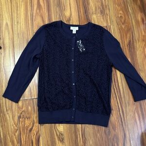 Ann Taylor Loft navy cardigan with intricate lace front, size large, NWT.